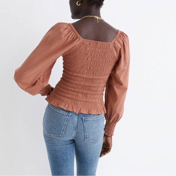 Madewell women's M Lucie bubble-sleeves Smocked poplin top boho neutral cottage - Picture 2 of 10